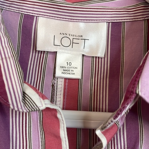 ANN TAYLOR LOFT Purple Multi Color Stripe Button Up Shirt Collar 100% Cotton - Picture 2 of 8